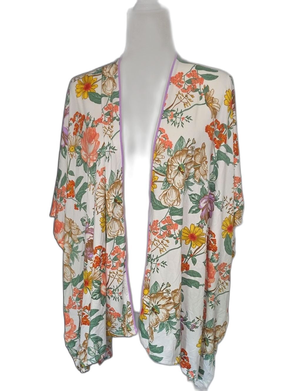 Wallpapher Floral Kimono Cardigan in White with Lavender Trim